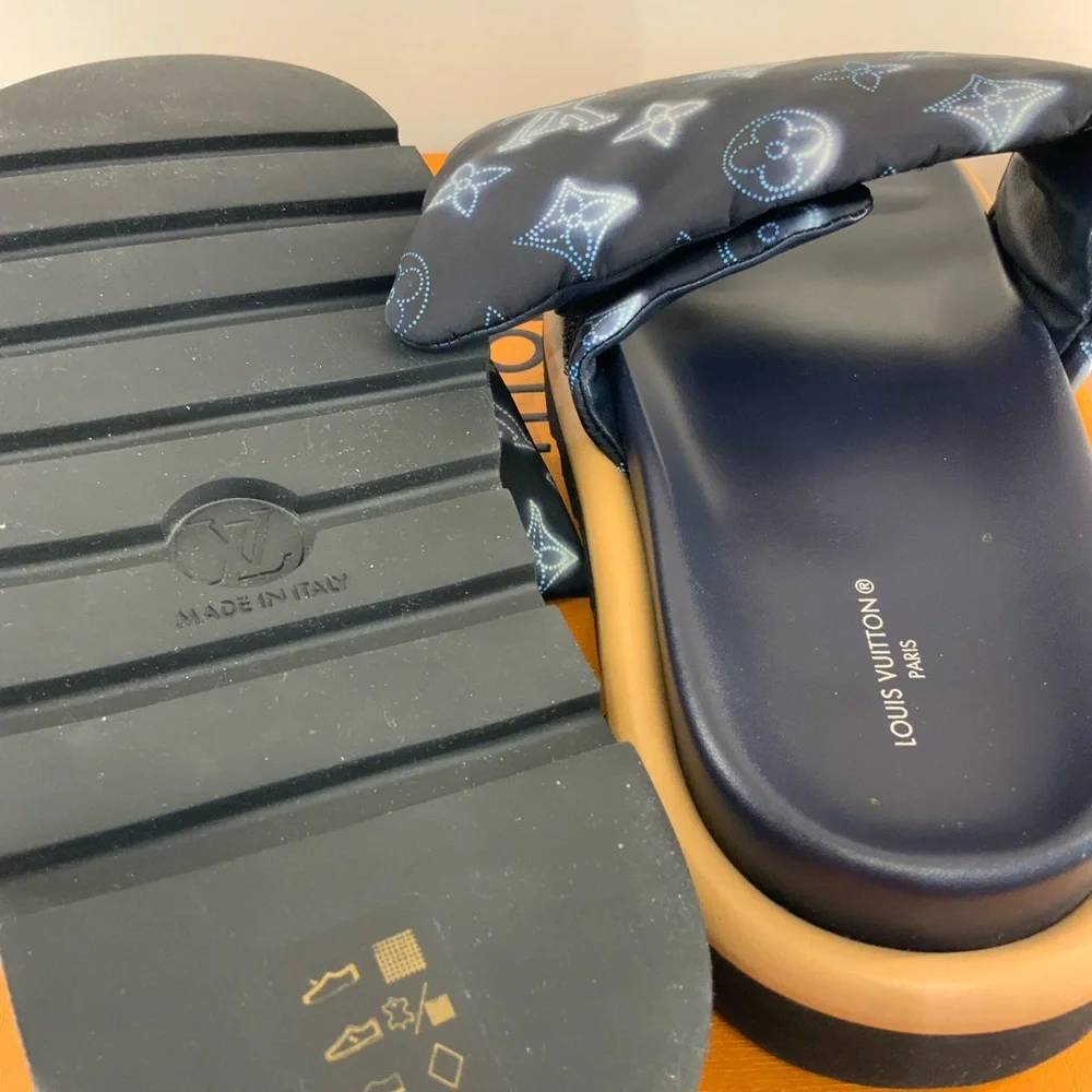 Pre Owned Louis Vuitton Sz 38 Black & Blue Monogram Padded Slide Sandals w/ Box. - Picture 3 of 10
